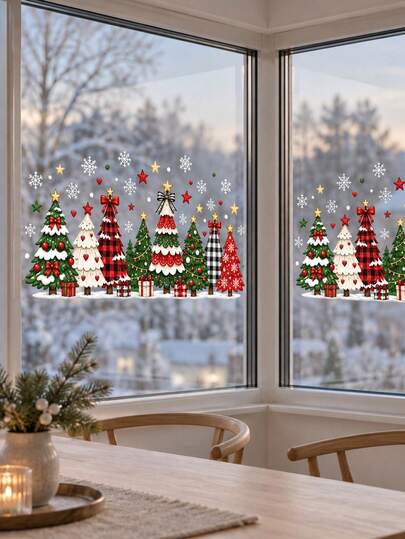 1 Set Christmas Window Stickers - Christmas Tree Pattern, PVC Static Cling - Suitable For Windows, Glass And Mirrors Decoration Stickers; Suitable For Christmas Decoration, Office Holiday Decoration, Home Decor And Store Window Display.