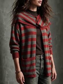 Women Striped Draped Collar Open Front Knit Cardigan, Long Sleeve Loose Fit Pocket Design Fall Casual Sweater Coat - Multicolor - View 8