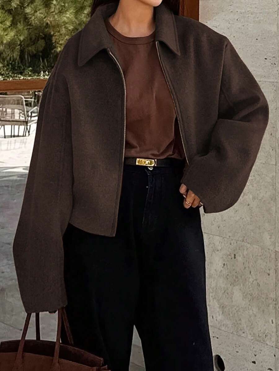 Women's Solid Color Long Sleeve Zipper Front Casual Jacket, Loose Fit Zipper Lapel Long Sleeve Outerwear, Street Style Layering Piece, Suitable For Autumn/Winter Daily Outfits - Dark Brown - View 1