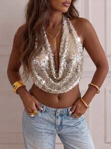 JTI Women's Sequin & Bead Halter Backless Crop Top, Fashionable Tie-Front Beaded Design, Suitable For Party, Vacation, Concert, Casual Elegant - Multicolor - View 7
