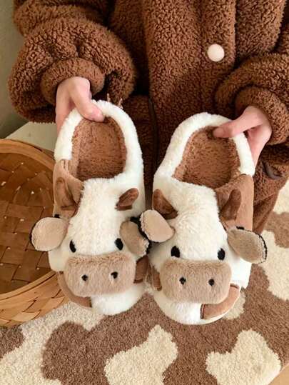 Fashionable Home Animal Cartoon Pattern Plush Winter Slippers, Warm Comfortable Non-Slip Stylish Cozy Cow Slippers, Couples Slippers, Men Slippers