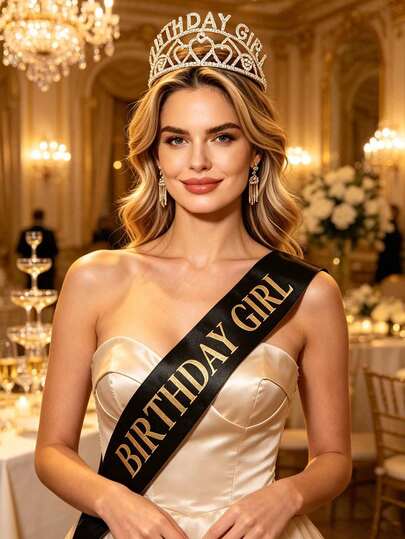 2pcs Women's Rhinestone Birthday Crown, Party Decoration Crown, Headband, Ball Shoulder Strap Headpiece Set, Suitable For Birthday Party, Wedding, Photo Props