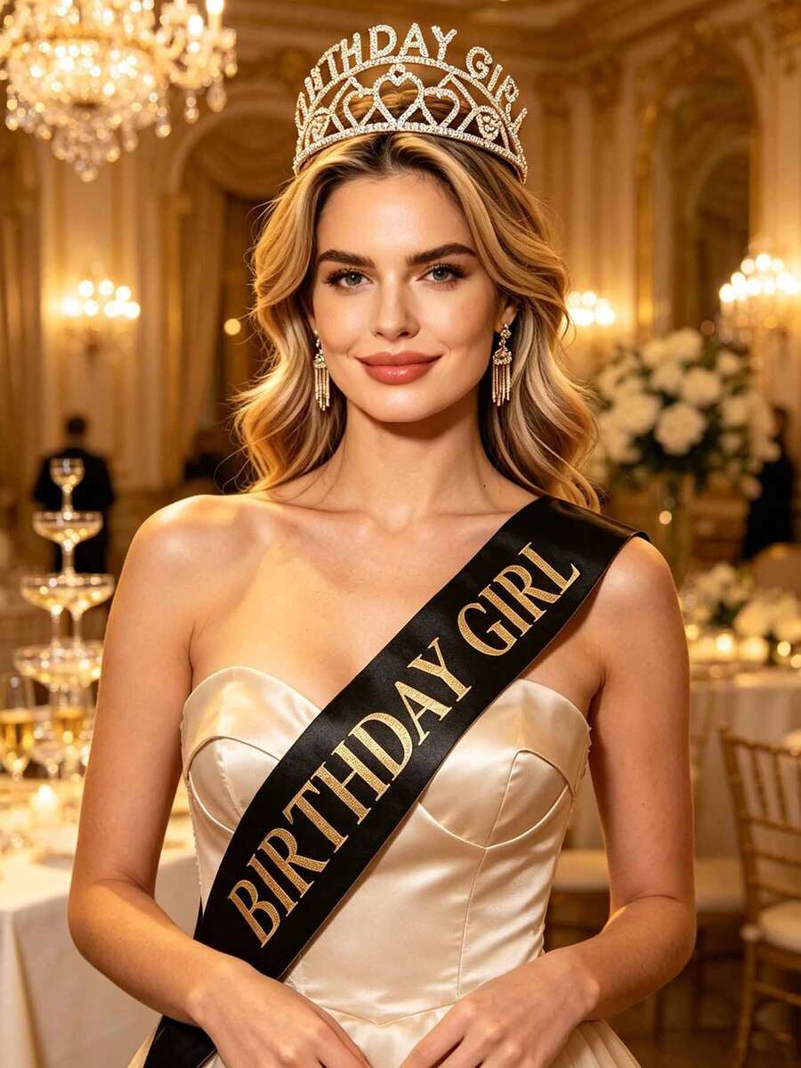 2pcs Women's Rhinestone Birthday Crown, Party Decoration Crown, Headband, Ball Shoulder Strap Headpiece Set, Suitable For Birthday Party, Wedding, Photo Props - Multicolor - View 1