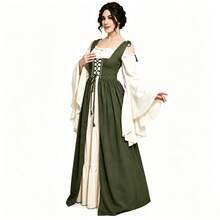Medieval Renaissance Lace-Up Corset 2 Pieces Dress, Halloween Cosplay Performance Full Skirt Long Dress, Solid Color Drawstring - Olive Green - View 3