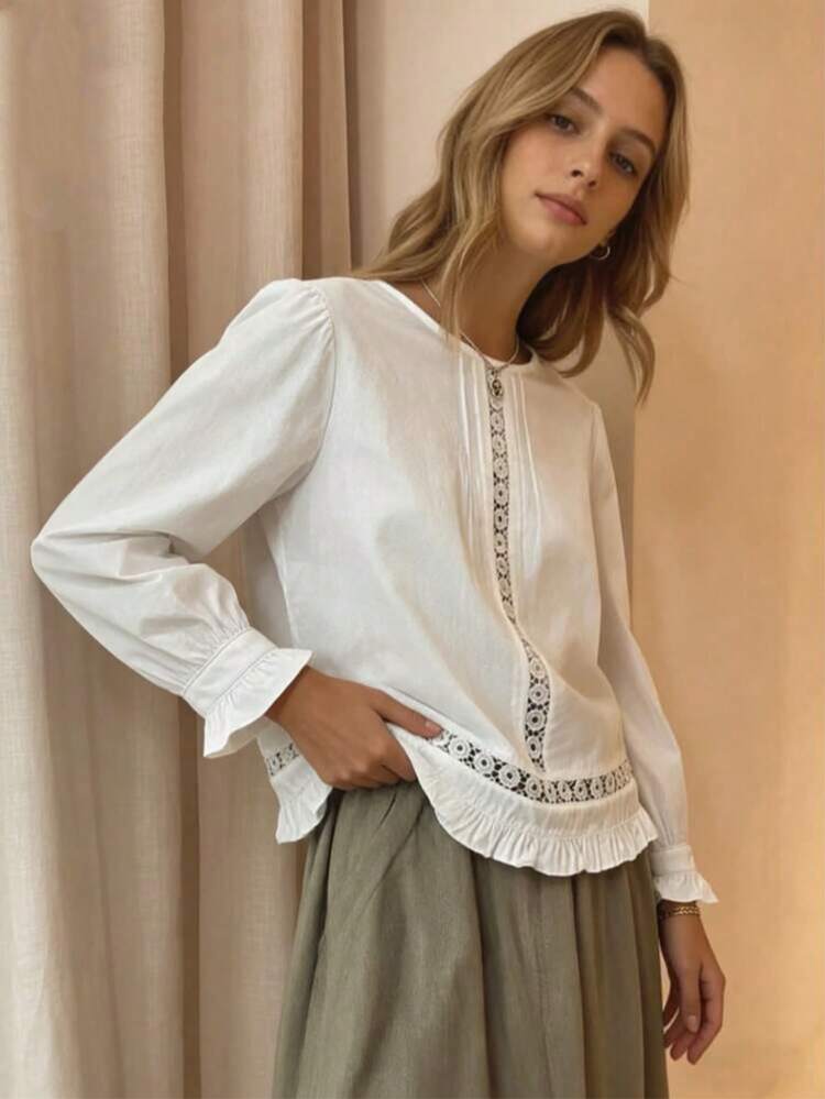 Plus Size Women's Solid Color Round Neck Lace Patchwork Hollow Design Long Sleeve Elegant Blouse Casual Top - White - View 1