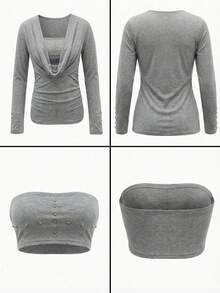Bộ 2 món áo ống ôm sát tay dài cổ thấp đính đinh phong cách hot girl Mỹ - Xám - Xem 9