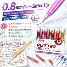 12pcs Colorful Neutral Gel Pens, Glitter Gel Pens, Vibrant Colors, Shiny Glitter Ink, Smooth Writing, 0.8mm Tip, Suitable For Diary, Notes, Drawing, Greeting Card Making And DIY Crafts - Multicolor - View 11
