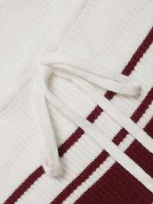 Aflion Women Fall Winter Cream Burgundy Striped Knit Sweater U Neck Drawstring Slim Fit Casual Back To School Campus Daily Class Going Out Top - White - View 5