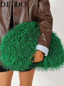 Dedoo Women's Plush Shoulder Tote Bag, Solid Color Long Faux Fur, Soft Lazy Design, Large Capacity, Y2K Retro Style, Suitable For Daily Outings, Parties, Autumn/Winter Women's Bag - Green - View 2