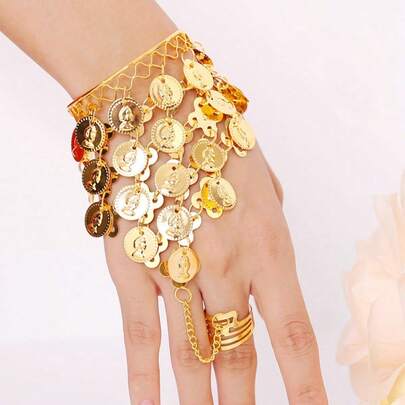 1 pieza Joyería de mano conectada a los dedos con borla de moneda de aleación dorada, pulsera de muñeca con colgante de moneda de figura de danza del vientre, anillo integrado para actuación en escenario, vacaciones, fiesta