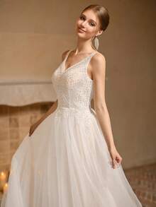 Bridal Wedding Dress, V-Neck Lace Tulle A-Line Long Gown, Ethereal Romantic Ball Gown, Suitable For Wedding Guests And Formal Evening Events - White - View 6