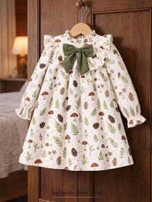 Young Girls Vintage Mushroom & Plant Print Dress, Ruffle Hem Big Bow Long Sleeve Loose Casual Cover-Up Dress - Mint Green - View 4