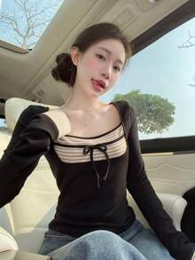 Striped Colorblock 2 In 1 Square Neck Long Sleeve T-Shirt Women's Fitted Inner Top - Black - View 6