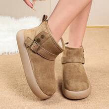 Women's Retro Buckle Short Fuzzy Boots, Side Zipper, Plush Lining, Skin-Friendly Fleece, Machine Washable, Versatile Warm Short Home Boots For Indoor And Outdoor Wear - Khaki - View 5