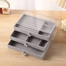 Large Capacity Jewelry Storage Box With 3 Drawers, Transparent Dust-Proof Display Box With Handle, Suitable For Rings, Earrings, Bracelets And Necklaces, Gray - Multicolor - View 10