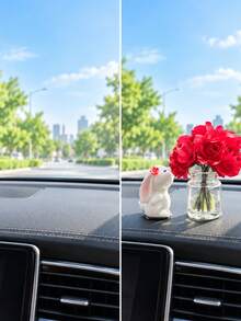 Mini Silk Flower Vase And Floral Bunny Car Decorations, Small Center Console And Dashboard Ornaments For Vehicle Interior Styling, Cute Decorative Accents For Cars And Desktop Displays - One Size - View 4