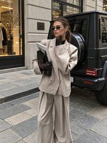 Women Fall Fashion Elegant Casual Beige Pin Stripe Long Sleeve Blazer & Wide Leg Pants 2 Pieces Set For Office Work Going Out - Beige - View 2
