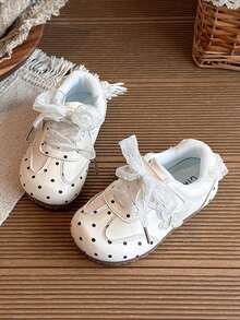 Sepatu Olahraga Anak Perempuan Bergaya Manis, Sepatu Olahraga Anak Perempuan Motif Polkadot Kecil, Jala, Pita, dan Perekat Velcro. - Krem - View 2