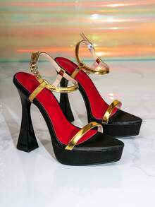 Women's Thick Platform Pointed Toe Gold Glamorous Party Stiletto High Heel Sandals, Suitable For Going Out - Gold - View 2