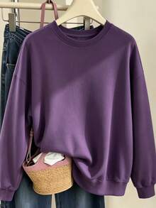 Casual Women's Cotton Blend Long Sleeve Round Neck Rib-Knit Pullover Sweatshirt, Regular Fit Fall Winter Essential - Deep Purple - View 4