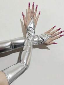 1 Pair PU Women's Long Arm Fingerless Gloves, Shiny Long Sleeve Covers For Party - Silver - View 1