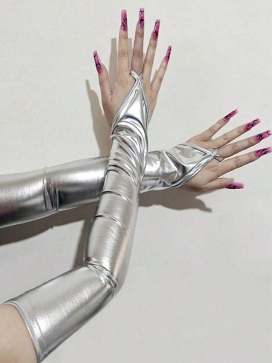1 Pair PU Women's Long Arm Fingerless Gloves, Shiny Long Sleeve Covers For Party - Silver - View 1