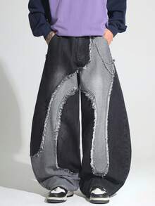 1pc Japanese Street Style Patchwork Raw Edge Men's Curved Leg Wide Leg Loose Comfortable Casual Fashion All-Season Versatile Commute Denim Pants - No Belt & Accessories - Black - View 3