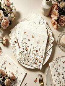 10pcs/40pcs/60pcs/100pcs Vintage Wildflower Butterfly Paper Napkins, Floral Pattern Disposable Cocktail Napkins, Pink Flower & Bee Print Decorative Napkins, Suitable For Wedding, Bridal Shower, Tea Party, Birthday Table Decor, Thickened Disposable Decorative Paper Napkins - Multicolor - View 3