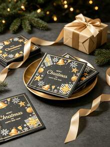 20pcs/40pcs Black & Gold Christmas Disposable Paper Napkins, Printed With "Merry Christmas" And "Happy New Year", Bell Snowflake Star Gift Pattern, Holiday Table Decor, Party Supplies - Napkins - View 4