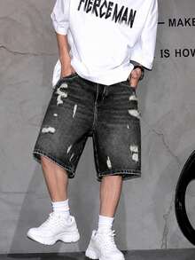 Men's Summer Street Fashion Distressed Washed Denim Shorts - Dark Grey - View 5