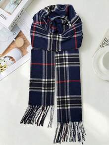 Classic Plaid Scarf, Versatile Boyfriend Gift, High-Quality Reversible Warm Scarf For Men And Women, Suitable For Autumn/Winter - Blue - View 1