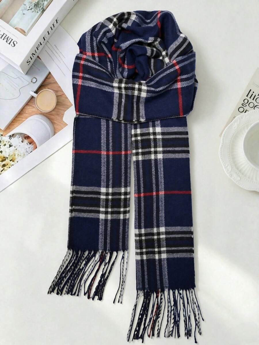 Classic Plaid Scarf, Versatile Boyfriend Gift, High-Quality Reversible Warm Scarf For Men And Women, Suitable For Autumn/Winter - Blue - View 1
