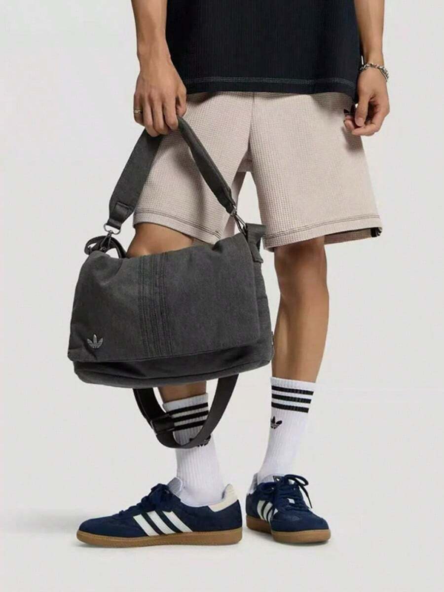 Adidas Originals Multi-Use Embossed Trefoil Logo Removable Strap Fabric Messenger Bag Shoulder Bag Medium Unisex Couple Style Charcoal Gray - Charcoal Ash - View 1