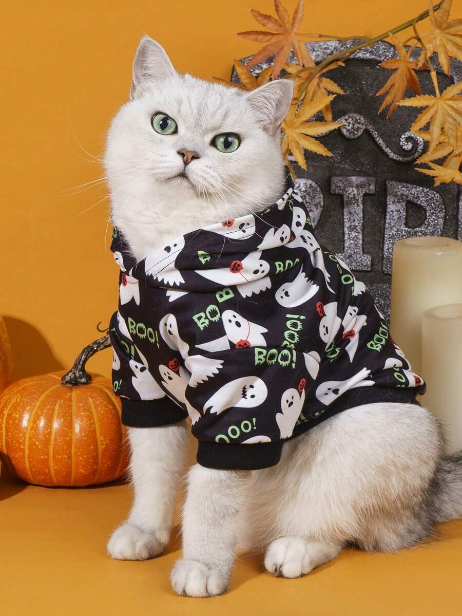 LUCKIE PAW 1pc Halloween Ghost Funny Pattern Pet Sweatshirt, Physical Anti-Flea, Reduce Shedding, Warm And Breathable Dog Vest, Suitable For Small And Large Dogs And Cats, Indoor And Outdoor - Black - View 1