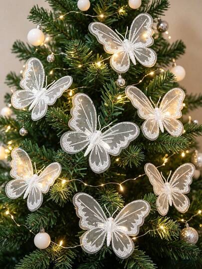20/6PCS Double Layer Embroidered Mesh Butterfly Ornaments With Clip, Glitter Mesh Butterfly Decor, Christmas Tree Decoration Butterfly, Wedding DIY Decoration, Christmas Home Decor Bowknot, Christmas Decoration Bowknot