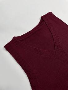 Women's Solid Color V-Neck Minimalist Daily Side Slit Sleeveless Knit Dress, Anchor Red Casual Autumn Style. Does Not Include A Belt Or Shirt. - Maroon - View 10