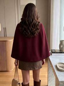 Women's High Neck Gold Button Cape Coat, Elegant Solid Color Short Cape Jacket, Casual Fashion Daily Outerwear - Burgundy - View 4