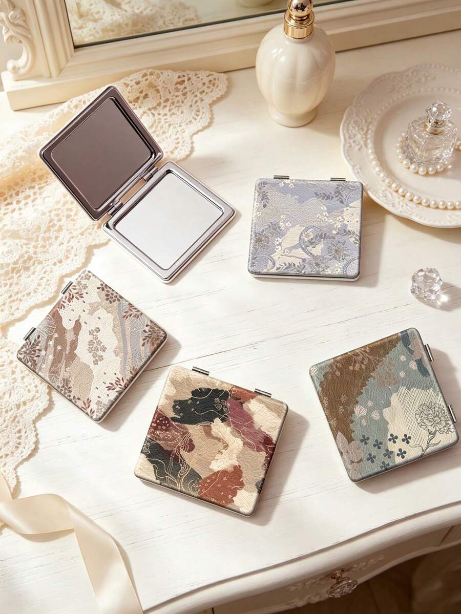 1PC Artistic Vintage Series Portable Folding Makeup Mirror, Lightweight Ultra-Thin Convenient Durable PU Leather, Suitable For Various Occasions Travel Party Work School, Suitable For All Ages - Multicolor - View 1
