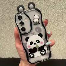1pc Transparent Bottom 3D Panda Ear Phone Case, Printed With Hugging Bamboo Cartoon Panda Pattern, Soft TPU Material, Wavy Black Edge Full Coverage Phone Case, Comes With Black And White Heart Pearl Beaded Lanyard Accessory, Compatible With Samsung Phones, Fresh Transparent Cute Cartoon Phone Case, Ins Popular Minimalist Cute Style, Pink Blush Panda Pattern Design, Transparent Shell Body Can Retain Original Phone Color - Clear - View 7