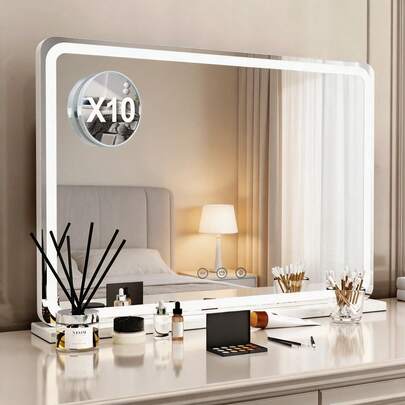 80*55*12cm Vanity Mirror With LED Lights, Makeup Mirror With 10X Magnification Mirror, 3 Color Modes Dimmable Touch Control USB Charging Desktop & Wall Mounted Light Up Mirror For Bedroom Dressing Room