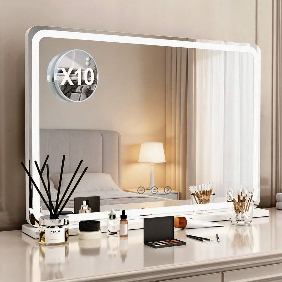 80*55*12cm Vanity Mirror With LED Lights, Makeup Mirror With 10X Magnification Mirror, 3 Color Modes Dimmable Touch Control USB Charging Desktop & Wall Mounted Light Up Mirror For Bedroom Dressing Room - White - View 1