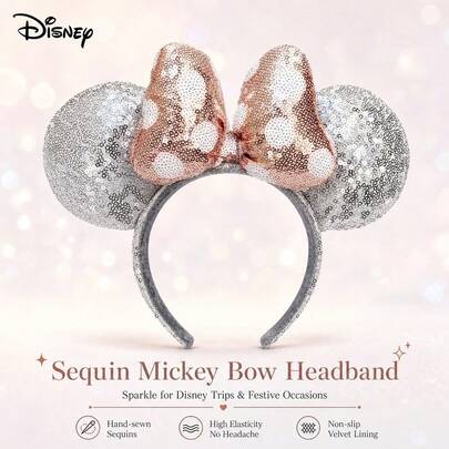 Hasbro 1pc Pure Silver Sequin Hand-Stitched Ear Headband With Rose Gold Polka Dot Sequin Bow, Perfect For School Parties, Masquerade Balls, Cosplay And Theme Park Events, Theme Park Visits, Cosplay Parties, Holiday Party Hair Accessories, Fun Photo Props, Amusement Park Accessories, Suitable For Birthday Parties And Easter Events, Comes With Cute Bow Cartoon Hair Clip