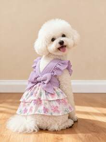 LUCKIE PAW 1pc Pink Bow Colorful Polka Dot Shoulder Strap Pattern Print Flutter Sleeve Elegant Princess Style Tulle Dress Suitable For Chihuahua Small Dogs Wedding Dog Clothing Pet Dress For Cats And Dogs Indoor And Outdoor - Multicolor - View 9
