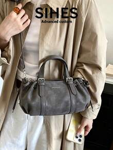 1pc Solid Color PU Leather New Women's Backpack, Shoulder Bag, Crossbody Bag, Fashion Square Handbag, Boston Bag, Zipper Closure, Dual Handles, Suitable For Commuting, Shopping, Dating, - Grey - View 1