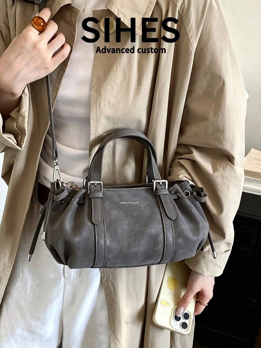 1pc Solid Color PU Leather New Women's Backpack, Shoulder Bag, Crossbody Bag, Fashion Square Handbag, Boston Bag, Zipper Closure, Dual Handles, Suitable For Commuting, Shopping, Dating, - Grey - View 1