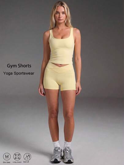 Women's Casual Yoga Sport Criss Cross Shorts,Butt Lifting With Pocket Buttery Soft Solid Color Basic Skinny Fitness Activewear Legging,For Daily Wear