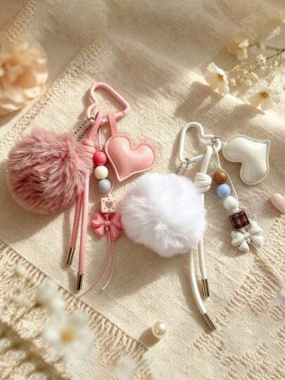 Korean Cute Fluffy Pom-Pom Beaded Keyring, Carabiner Phone Lanyard Bag Accessory