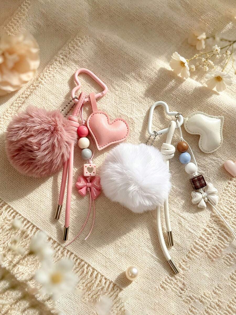 Korean Cute Fluffy Pom-Pom Beaded Keyring, Carabiner Phone Lanyard Bag Accessory - Multicolor - View 1