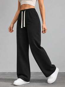 Women's Black Casual Wide Leg Pants Elastic Waist Adjustable Drawstring Relaxed Loose Fit Full Length Everyday Trousers - Black - View 6