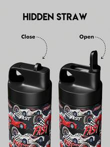 Meoky 19oz Black & Red Racing Cartoon Print Stainless Steel Water Bottle With Loop Lid, Portable Water Bottle - Black and Red Racing - View 3